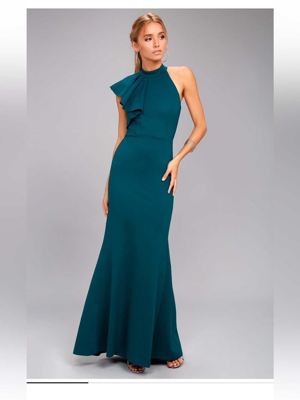 Lulus Margaux Teal Blue One Shoulder Mock Neck Ruffled Maxi Dress S